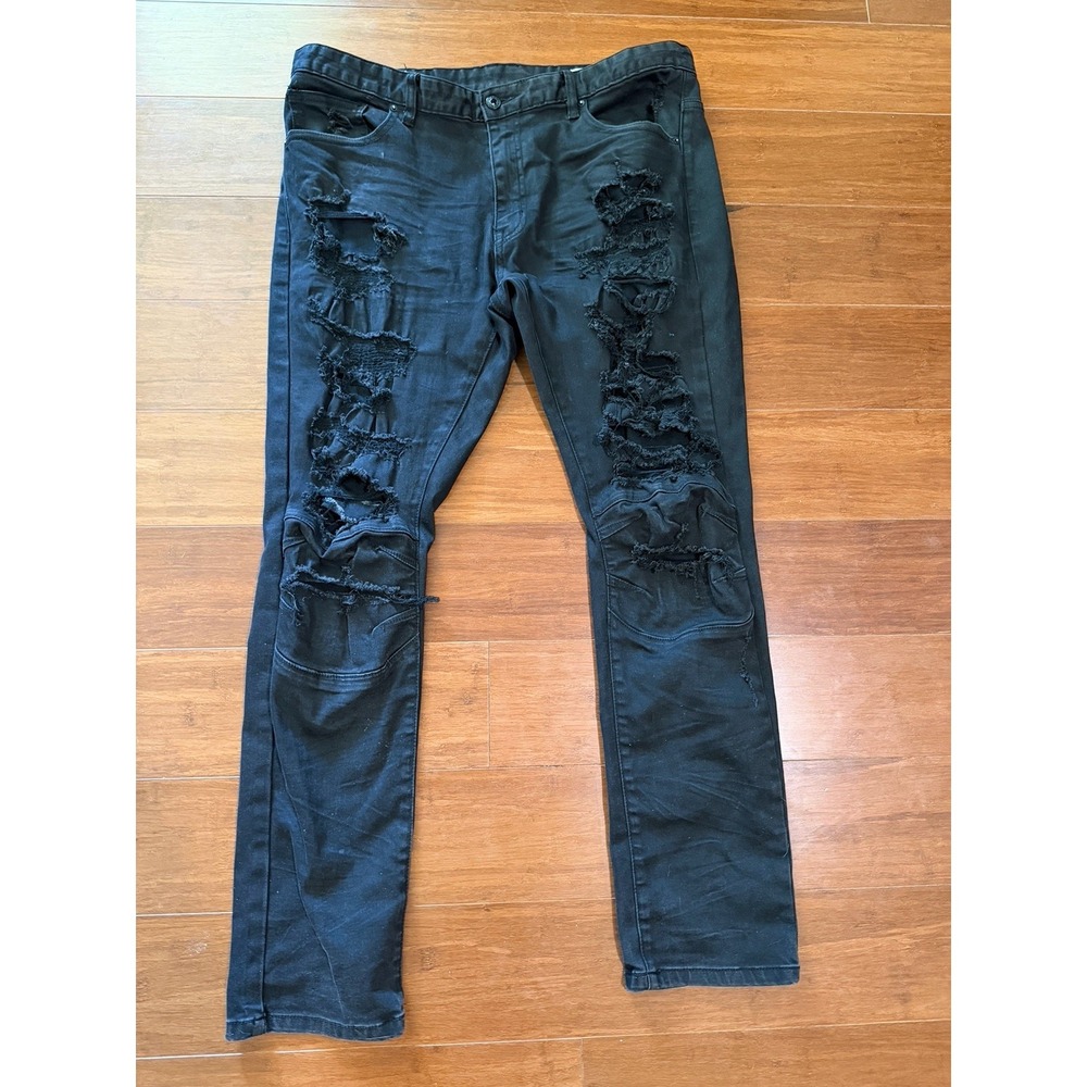 Smoke Rise Moto Biker Jeans Men 38x32 BLACK Stretch Distressed Heavy Ripped